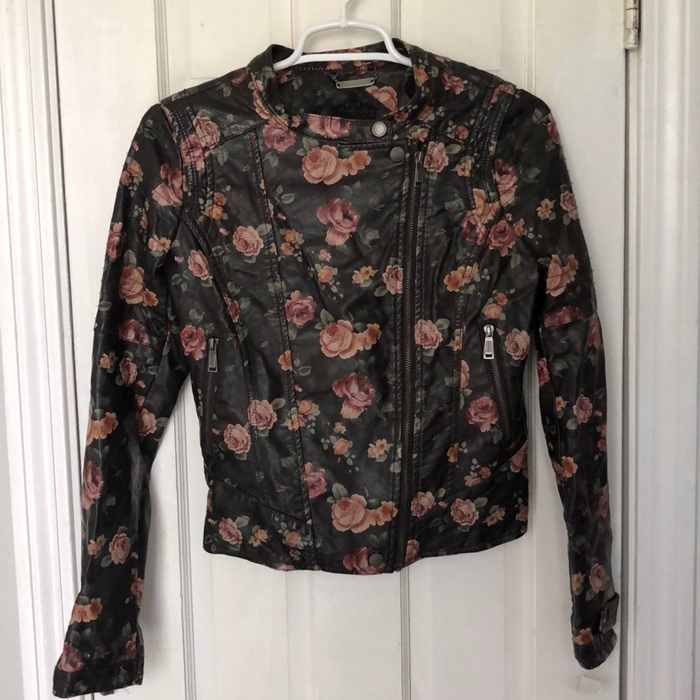 Floral print brown pleather jacket